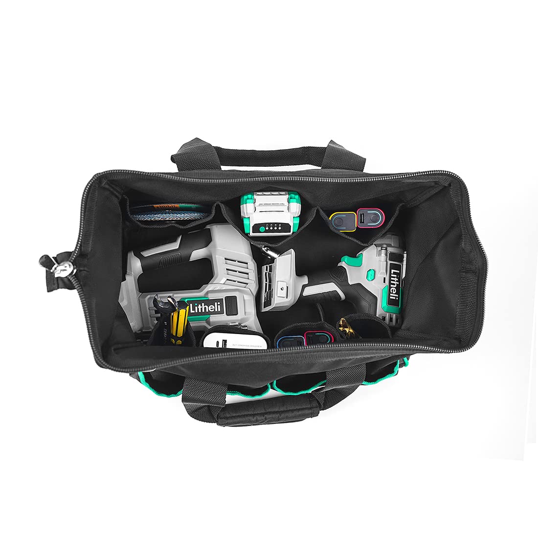 Litheli Sac à outils robuste de 40,6 cm, haut fermé, large ouverture, grand rangement, avec bandoulière réglable et 14 poches, noir