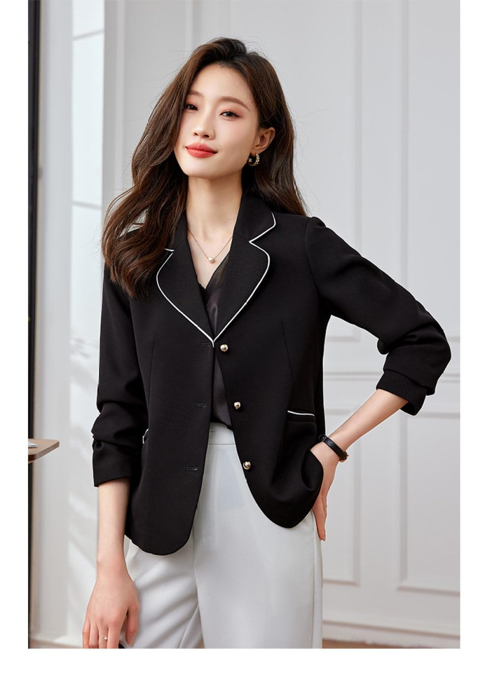 Anzug Damen,Kurzer Damen-Blazer, Langärmelig, Gekerbtes Revers, Kontrast-Anzugjacke, Eleganter Bolero-Cardigan, Schwarzer Knopf-Taschenmantel, Lässiger Abend-Anzug, Business-Blazer-Anzug