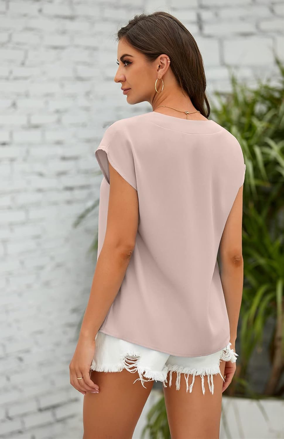 Lynwitkui Women's V Neck Chiffon Blouses Cap Sleeve Shirts Casual Loose Work Office Solid Tops - Image 3