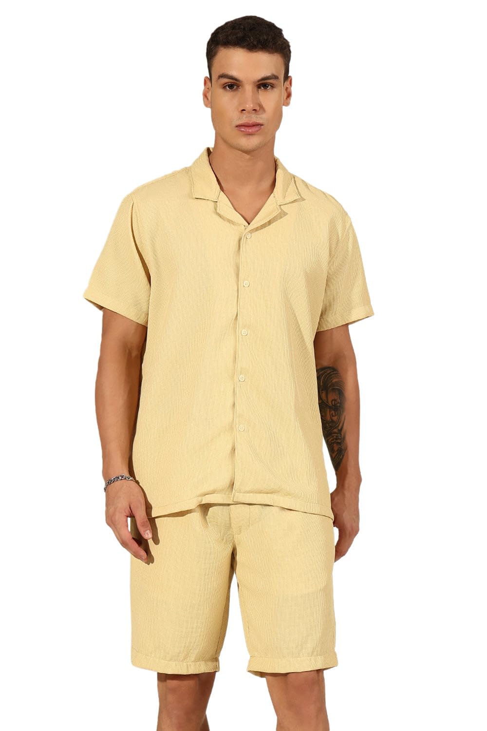 showoffff SHOWOFF Men's Textured Yellow Cuban Collar Shirt & Shorts Co-ord Set -RONG-4708_Yellow-picture-10