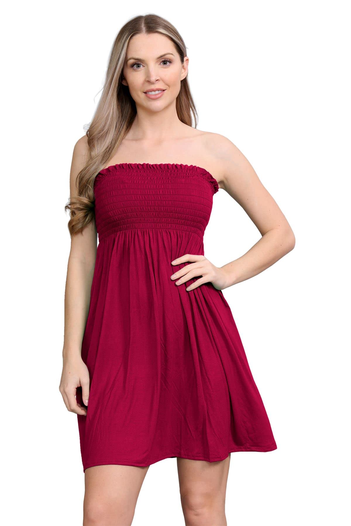 Janisramone Women's Wine Janisramone® Bandeau Dress, Boob Tube Sheering Ruched Flared Mini Dress, Plain Strapless Summer Dresses, Perfect Holiday & Beach Dresses For Uk