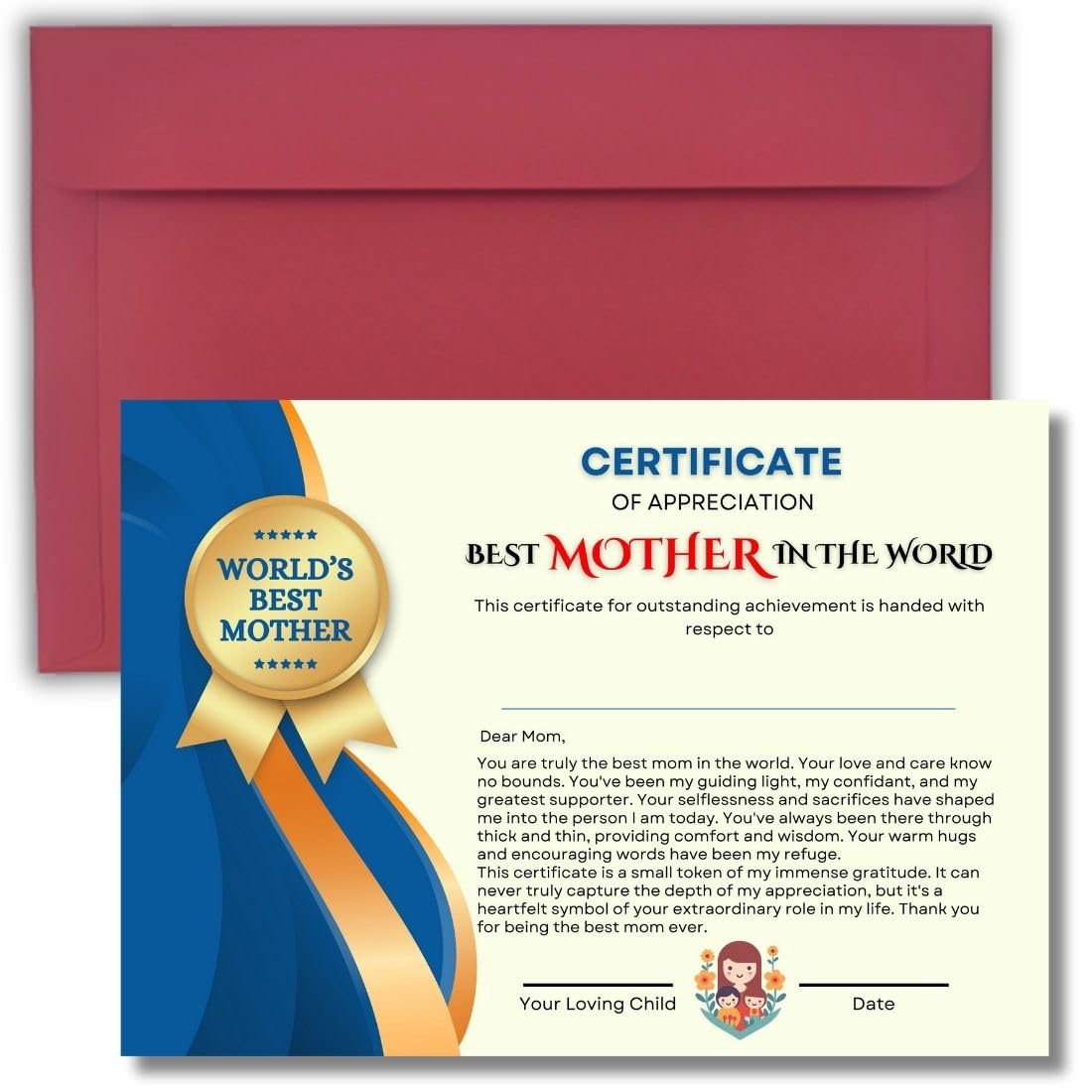 AanyaCentric A4 Size 8.3 x 11.7 inch World Best Mother Mom Printed Certificate(Self Fill-in) with Envelope Birthday Greeting Card for Ma Maa Mummy Big Day - without Frame Folder Case