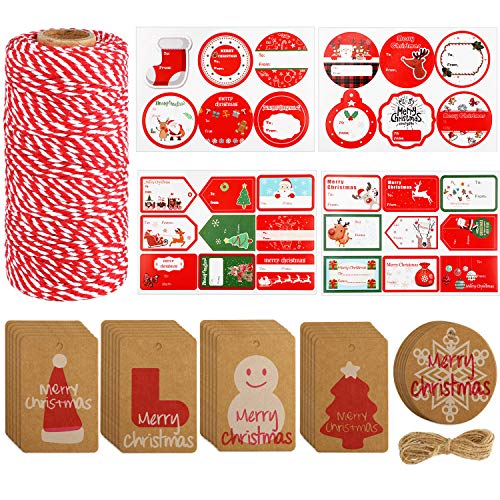 328 Feet Christmas Twine Xmas Hanging Tags and Tags Label Stickers for Christmas Bags Wrapping DIY Accessories Kit
