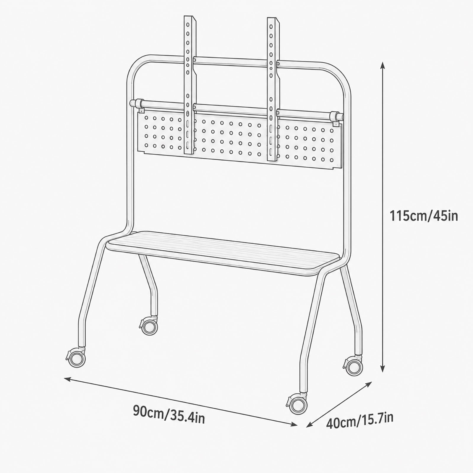 Supporto TV Mobile, Carrello TV Portatile con Ruote | Ruote con Blocco e Mensola Portaoggetti, Organizer Pegboard per Camera da Letto, Soggiorno e Ufficio(White,90cm/35.4in)