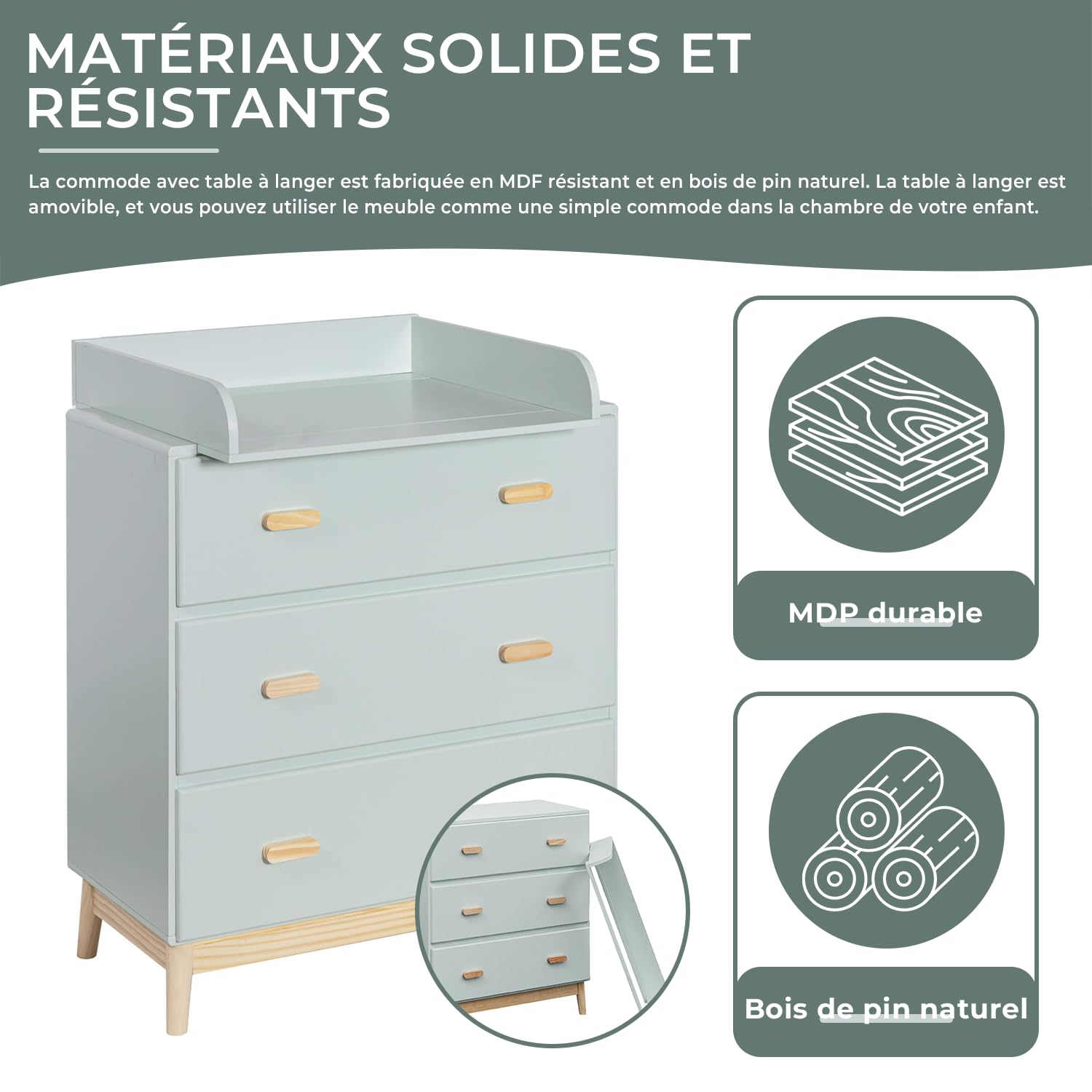Rebecca Mobili Meuble avec Table à Langer, Commode Table à Langer, Vert Eau Marron, Pin MDF, Compact, avec Table à Langer Amovible - Dimensions HxLxP: 100 x 80 x 42 cm - Art. RE6985