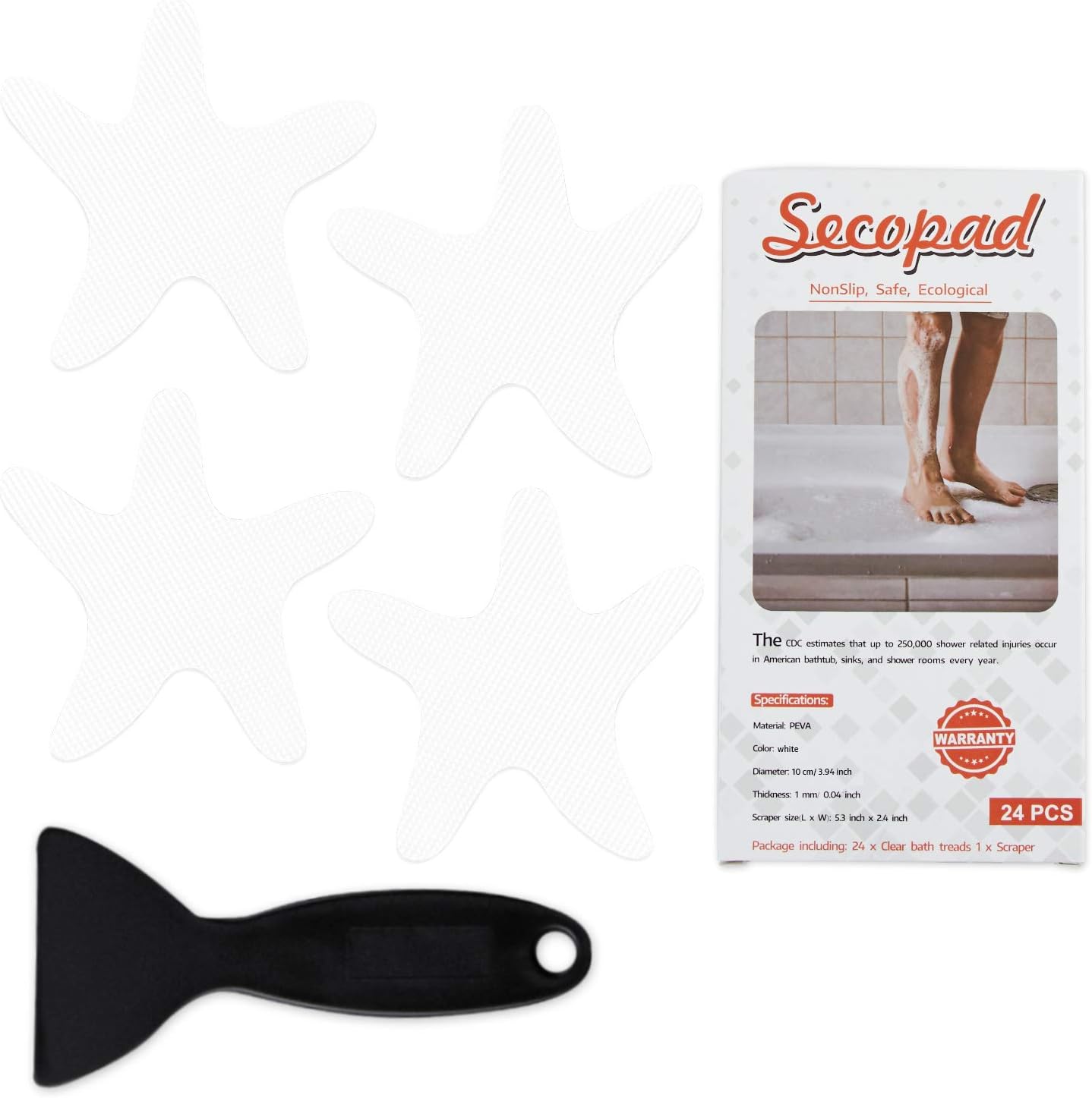 Secopad Starfish Non Slip Bathtub Stickers with Scraper, 24PCS, Blue | Original Large Anti-Slip Treads, Comfortable PEVA Material, Strong Adhesive, Easy to Use, For Bath Tubs, Showers & Stairs
