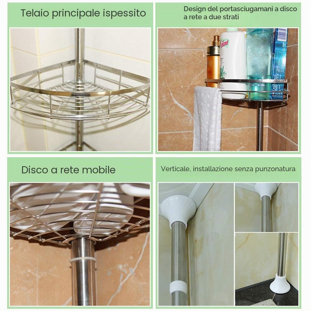 Mensola da doccia telescopica con 4 ripiani, in acciaio inox, senza foratura, regolabile in altezza da 110 a 280 cm, colore argento