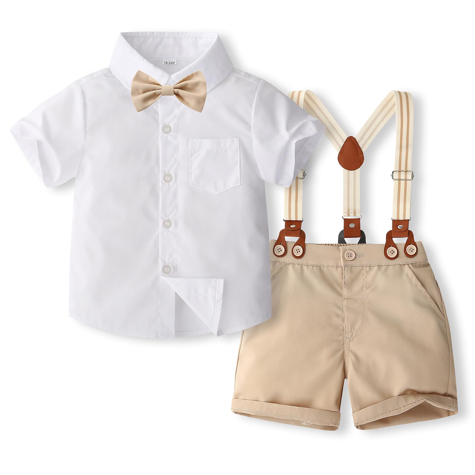 BULINGNA Toddler Baby Boy Gentleman Outfits Short Sleeve Dress Shirt with Bowtie + Suspender Shorts Summer Suits Set 1-6T (Khaki, 4 Years)