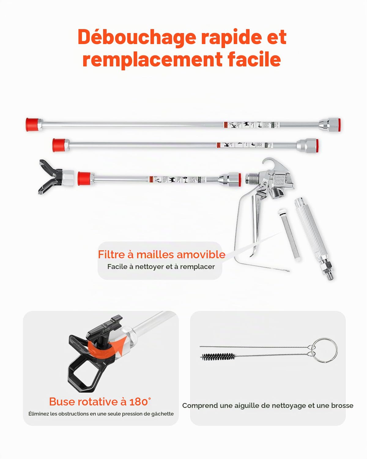 VEVOR Kit Pistolet pulvérisateur Peinture sans air et Tuyau, 248 Bar, Ensemble tuyaux pulvérisation de Peinture Haute Pression avec 5 Embouts, Joint pivotant, avec filtres, Tuyau et tiges d'extension
