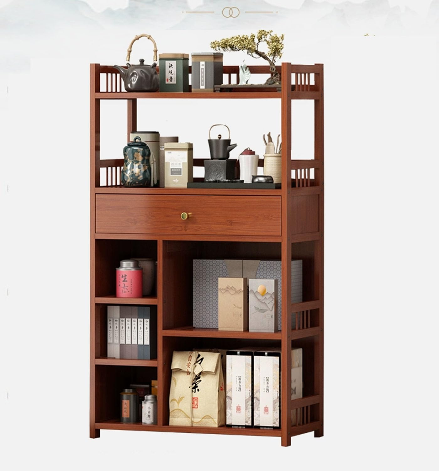 LINGWEIFour-Layer Bamboo Storage Rack - Elegant Chinese Style Organizer Bamboo Bookshelf, Storage Cabinet with Door