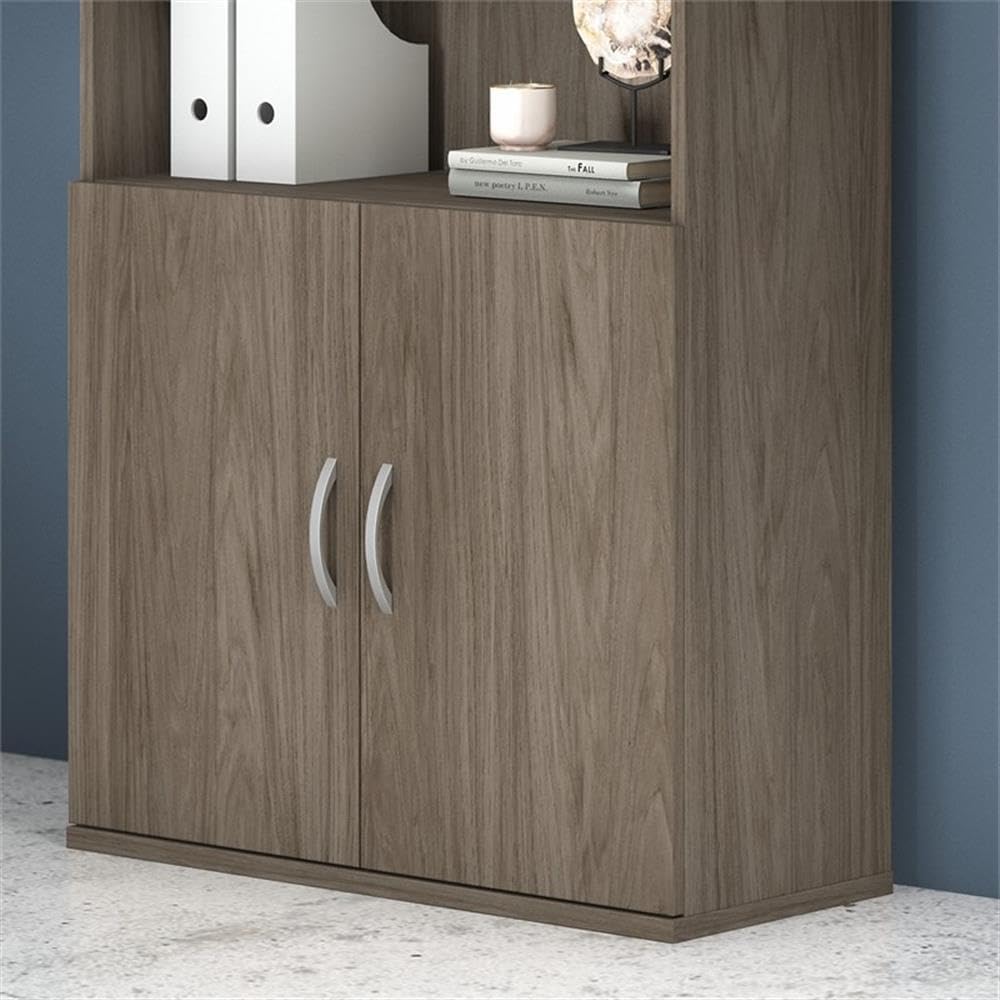 Pemberly Row Engineered Wood Bookcase Door Kit, Modern Hickory Finish, 35.47" W x 0.75" D x 29.25" H, Brushed Nickel Hardware, Scratch-Resistant, Conceals Lower Shelves, Contemporary Office Storage