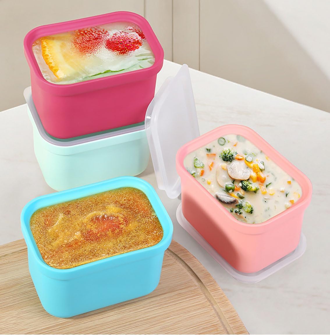 4 Pack Silicone Freezer Tray With Lid,Soup Freezer Container molds,Large Ice Cube Tray- makes 4 perfect 1 cup portions cubes, for Freezer Storage Food Soups & Meal Prep - Oven & Dishwasher Safe (4)