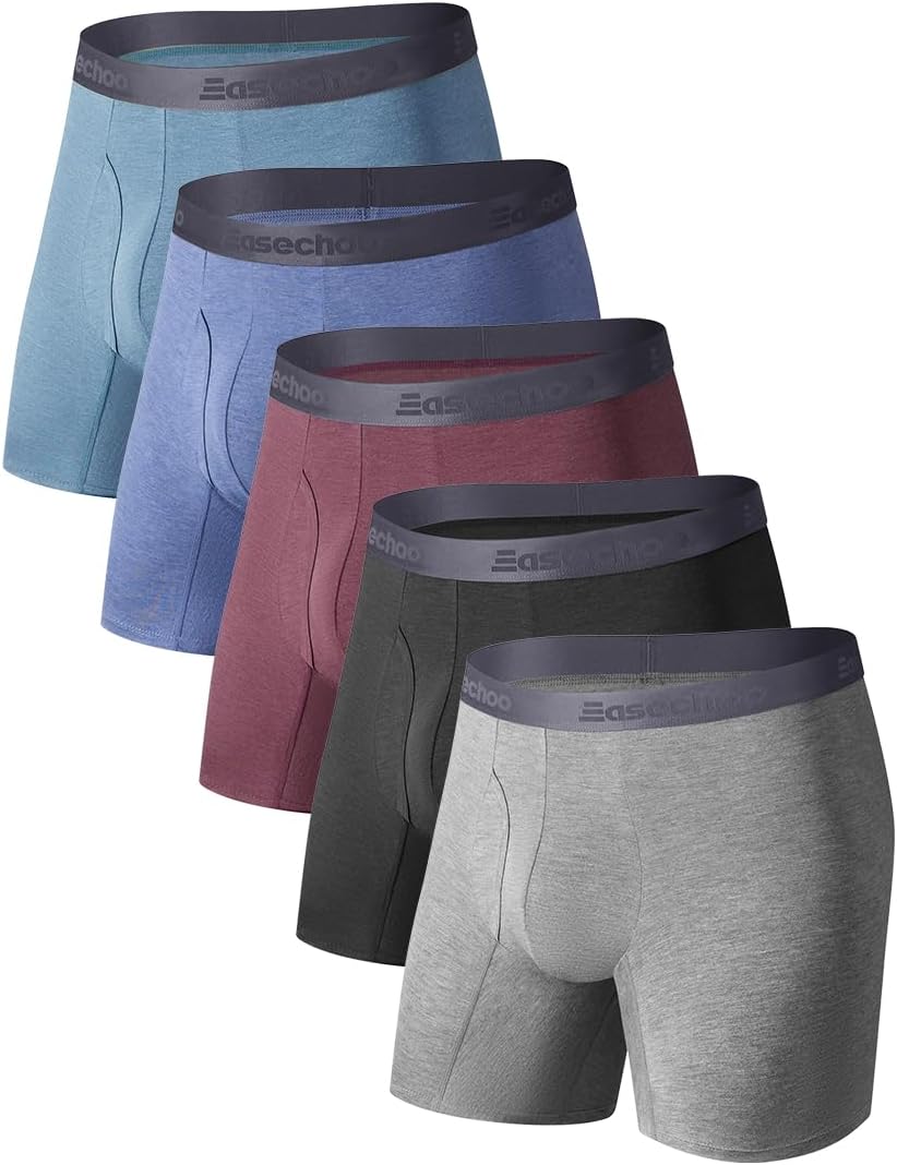 Men's Underwear,Rayon Made from Bamboo Boxer Briefs,Ultra Soft,Cool Breathable,No Riding Up Long Leg,5 Pack