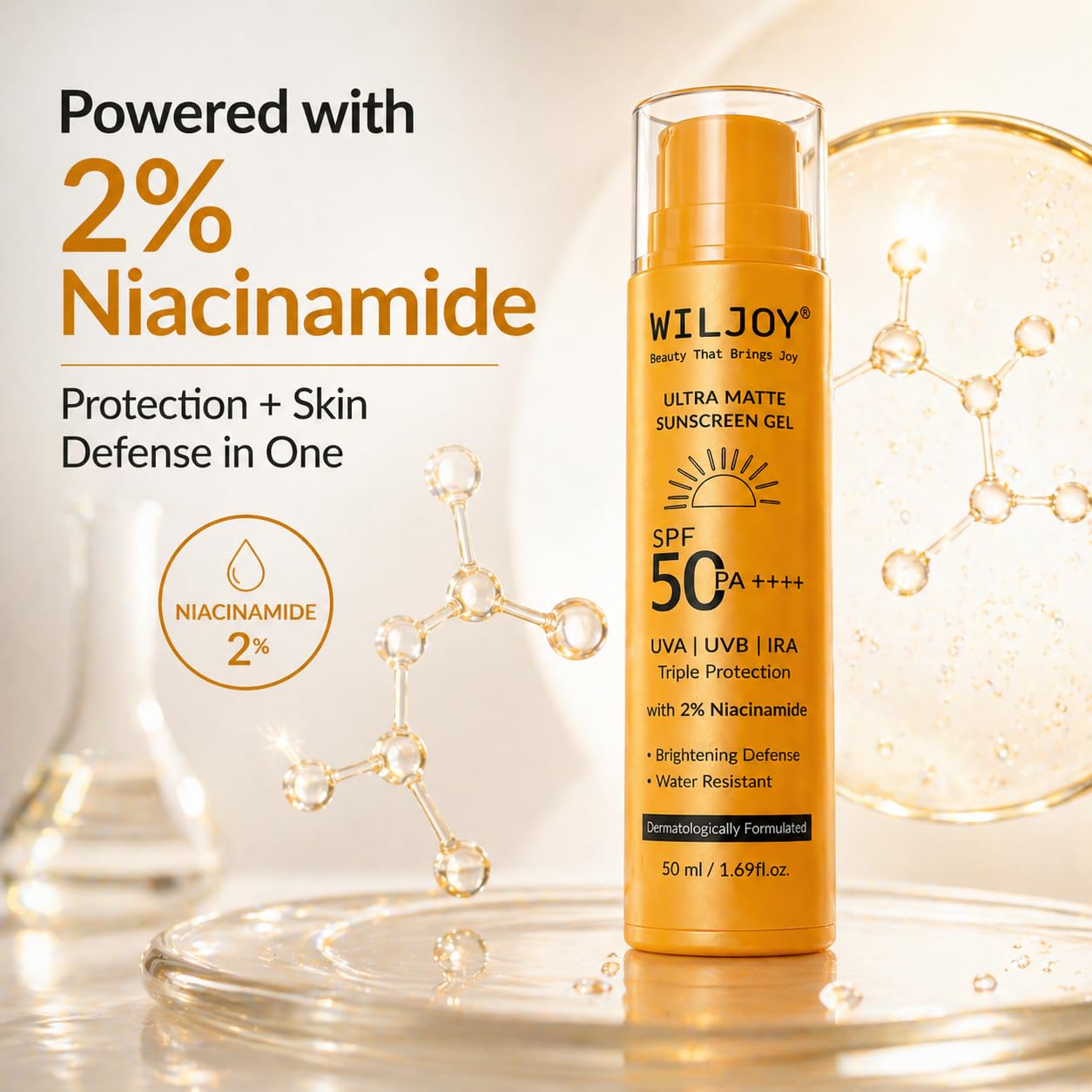 Wiljoy Ultra Matte Sunscreen Gel SPF 50 PA++++ | 2% Niacinamide | For Oily, Acne-Prone Skin | Lightweight Texture | No White Cast | Broad Spectrum UVA/UVB/IRA Triple Protection | Non- Comedogenic | Tan Protection | Photostable | Water & Sweat Resistant | For Men & Women | Dermatologically Formulated | 50 mL 3