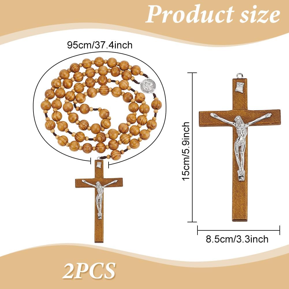 ORIGACH 2 Pcs 43 Inch Large Wooden Crucifix Wall Cross, Rosary Catholic Big Prayer Bead with Miraculous Medal Cross Crucifix Catholic Gift for Church House Decor, Round