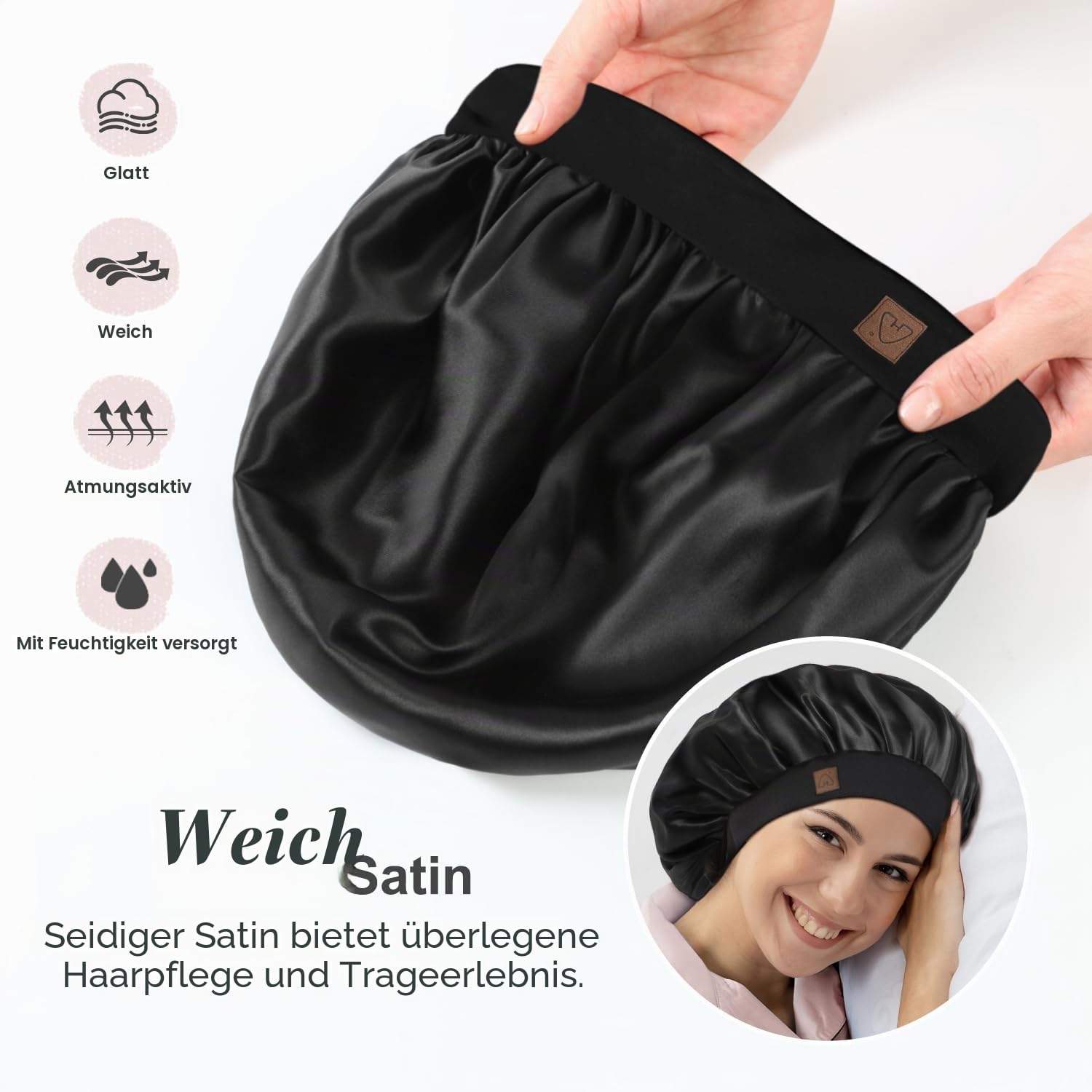HAT HUT Schlafmütze aus Satin für Damen Herren, Seidenhaube Silk Bonnet Haarhaube, Verstellbares Breites Band, Doppellagig