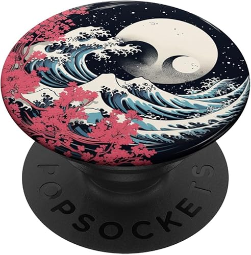 Japón Cherry Blossom Yin Yang Bonsai Gran Ola Luna Noche PopSockets PopGrip Estándar