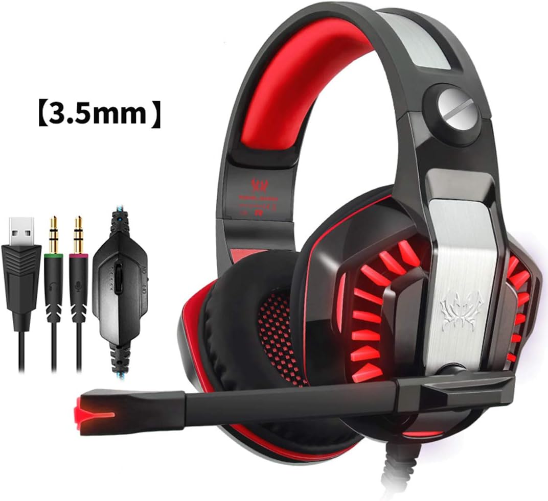 Gaming Headset Noise Cancelling Over Ear Headphones with Mic & LED Light Bass Surround for PS4, PC, Xbox One, Nintendo Switch Laptop Mac 3D Surround Sound Volume Control (red)