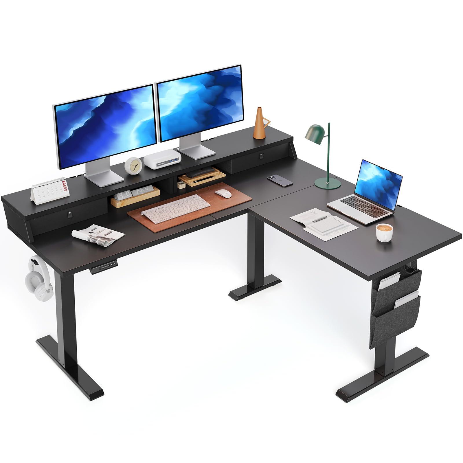 ErGear L Shaped Electric Standing Desk, 63" Ergonomic Corner Height Adjustable Desk with Drawers, Sit Stand Computer Table with Storage for Work Office Home, Black