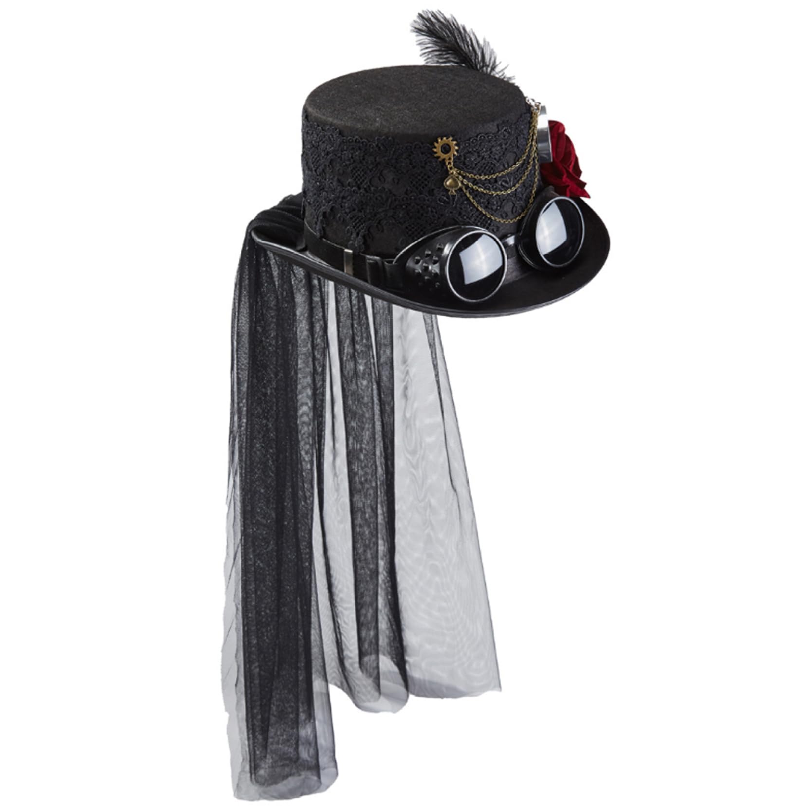 Sombreros Steampunk Sombrero de Copa de Encaje Rosa con Gafas y Velo Disfraz Steampunk gótico Retro para Fiesta de Cosplay de Halloween