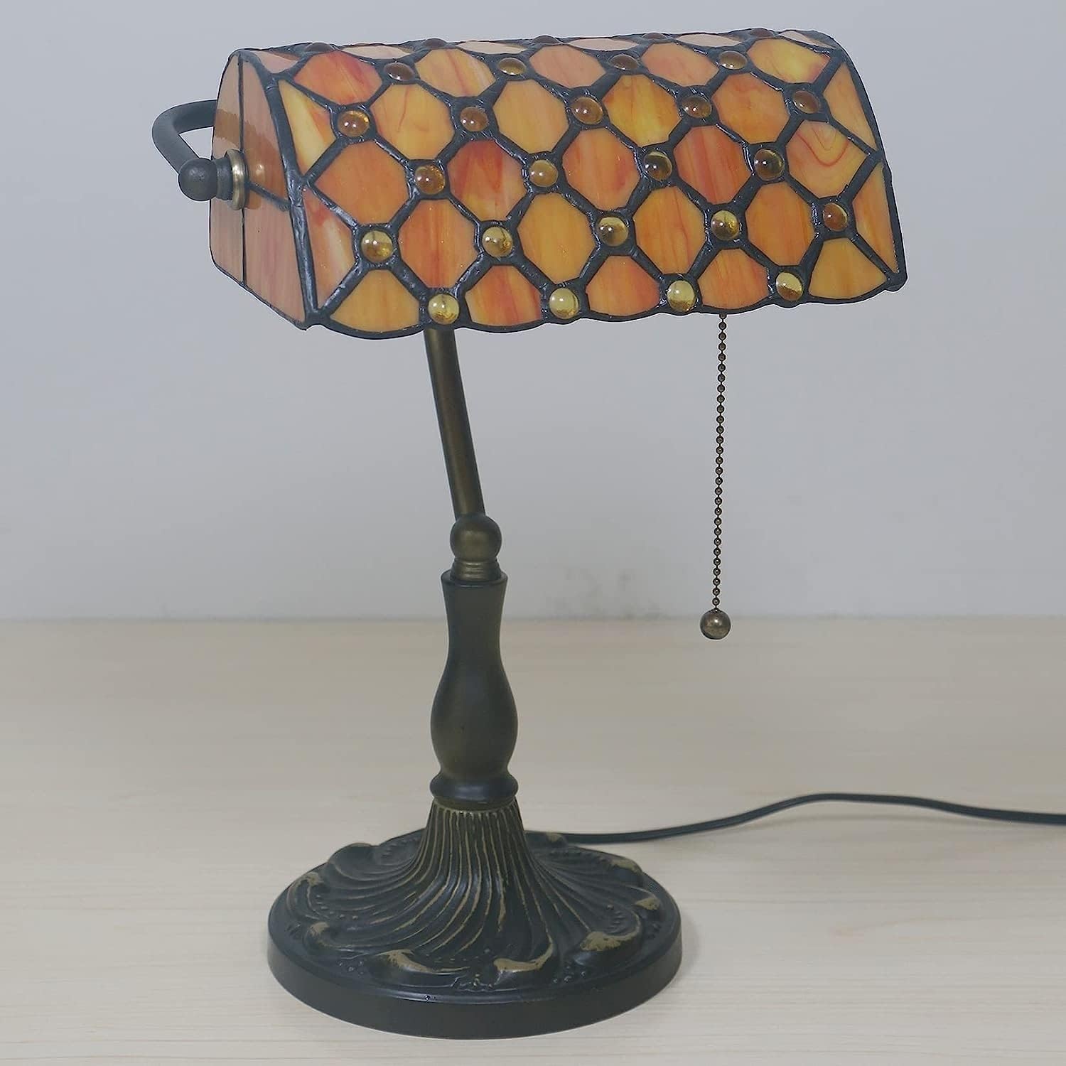 Bankiers Tischlampe, farbige Glaslampe, Kristallperlenschreibtischlampe, Schlafzimmer in der Nacht Leselampe (orangefarbener gelber Glasperlenschatten) Innovate
