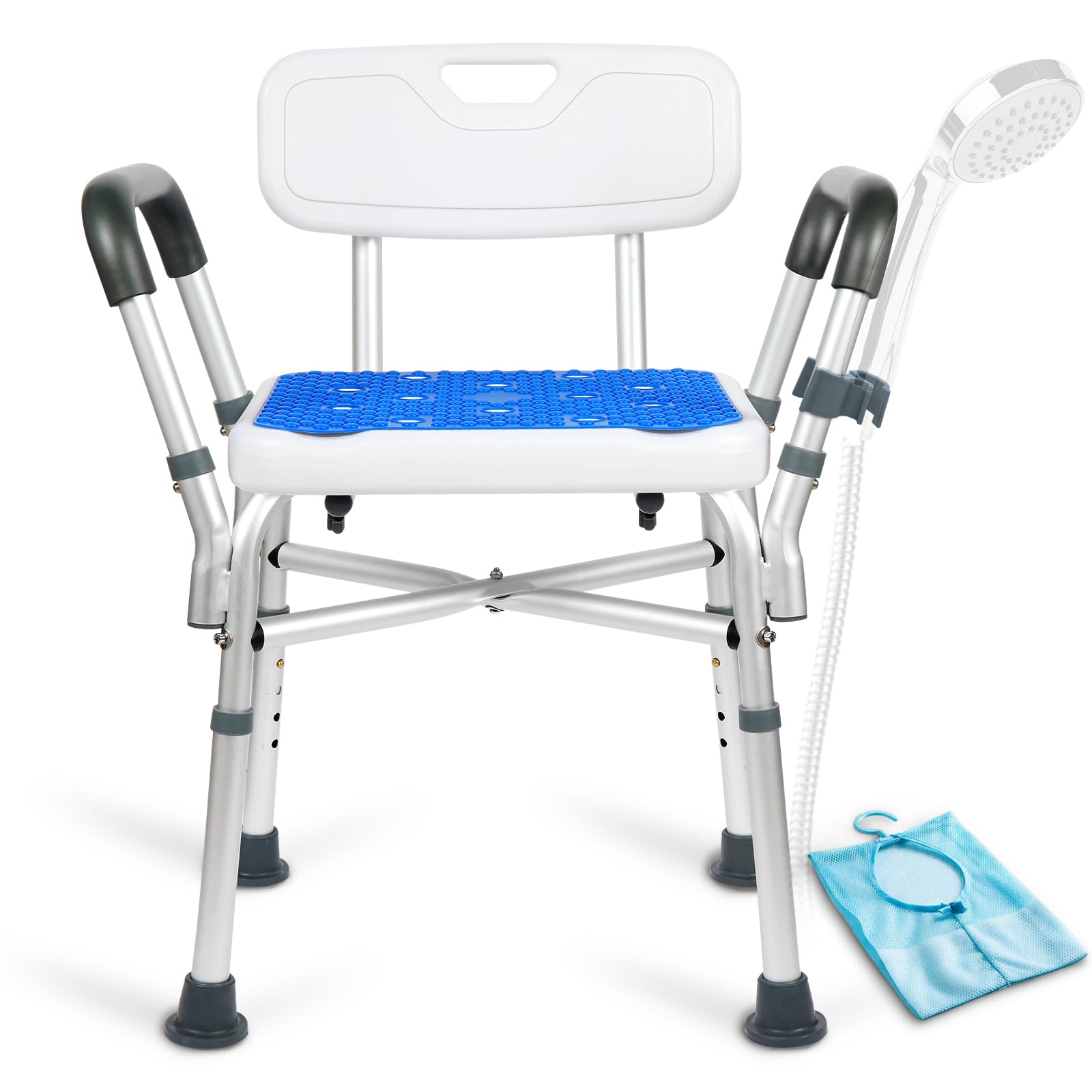 Duschhocker für Senioren - 210 KG Duschstuhl mit Rückenlehne und Armlehne, Höhenverstellbar Duschhilfe für Ältere, Schwangere, Menschen mit eingeschränkter Mobilität, Badewanne, Dusche, Fußhocker