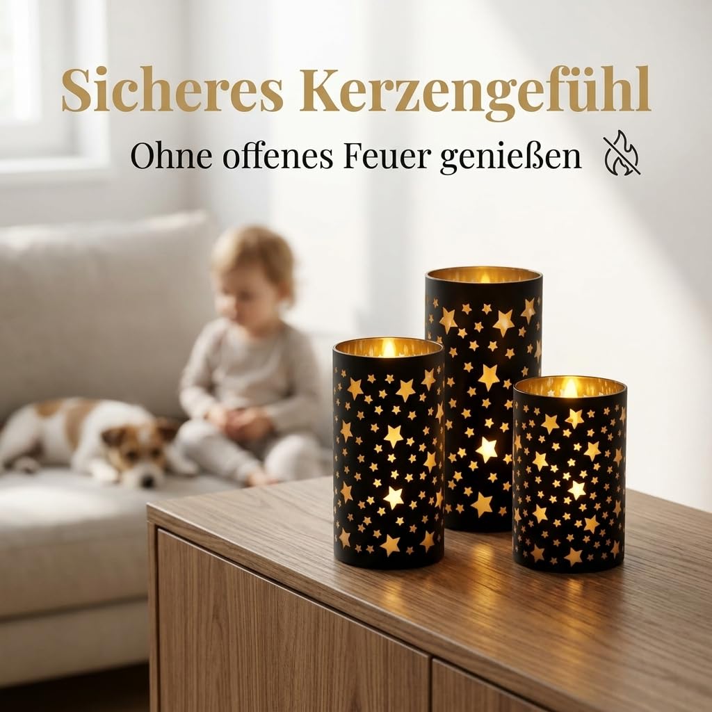 MIJOMA Set di 3 candele a LED, candele di cera con effetto fiamma e timer, bianco caldo, nero, con motivo a stelle, funzionamento a batteria