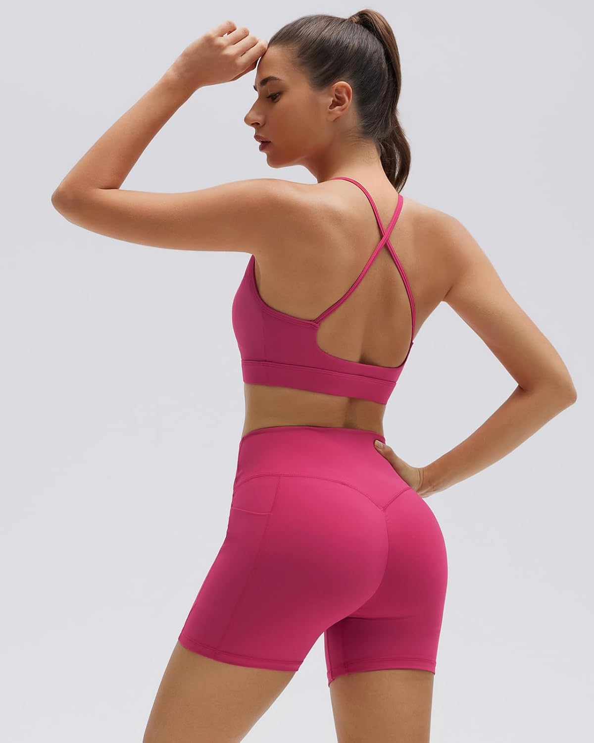 SUUKSESS Womens Workout Set Crew Neck Strappy Sports Bra Tank High Waist Tummy Control Bike Short Outfit - Image 3