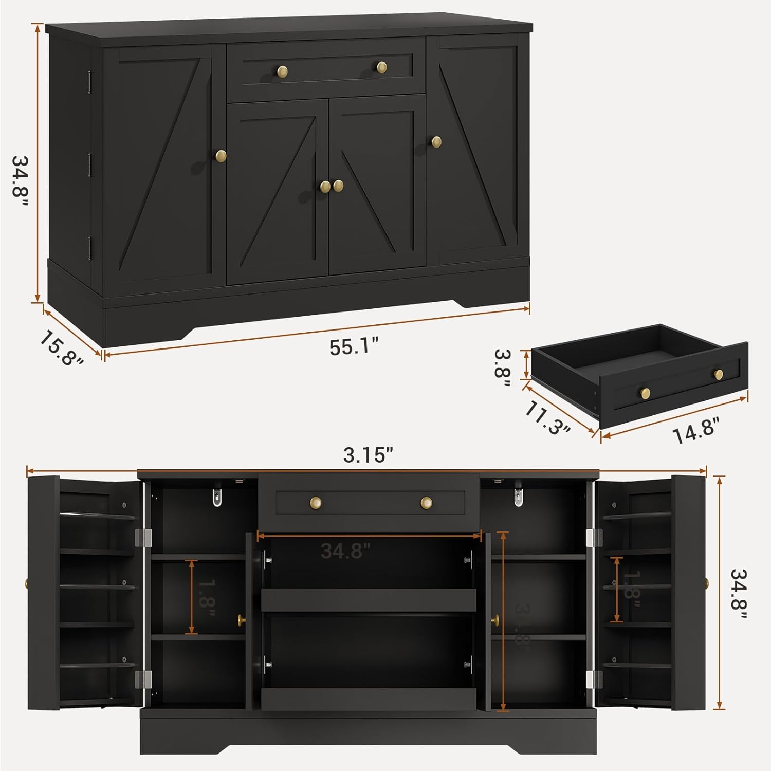 Diagram showing the dimensions of the buffet cabinet: 55.1 inches width, 15.8 inches depth, and 34.8 inches height, with a detailed view of the drawer dimensions.