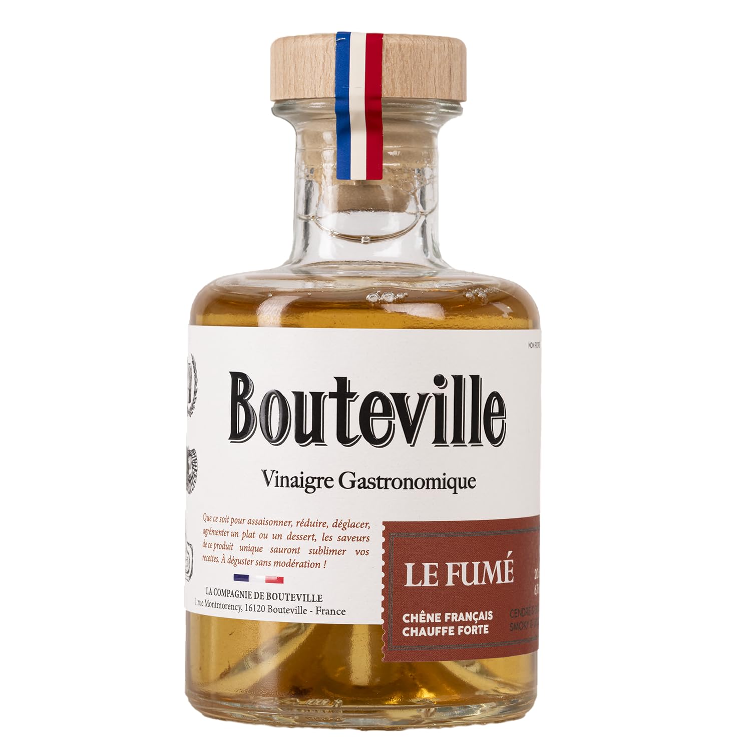 Bouteville Vinaigre Gastronomique Le Fumé 200ml - Affiné en Fûts de Chêne Français, Élaboration Artisanale en Charente, Vinaigre de Cépage Ugni Blanc avec Notes Boisées et Cendrées