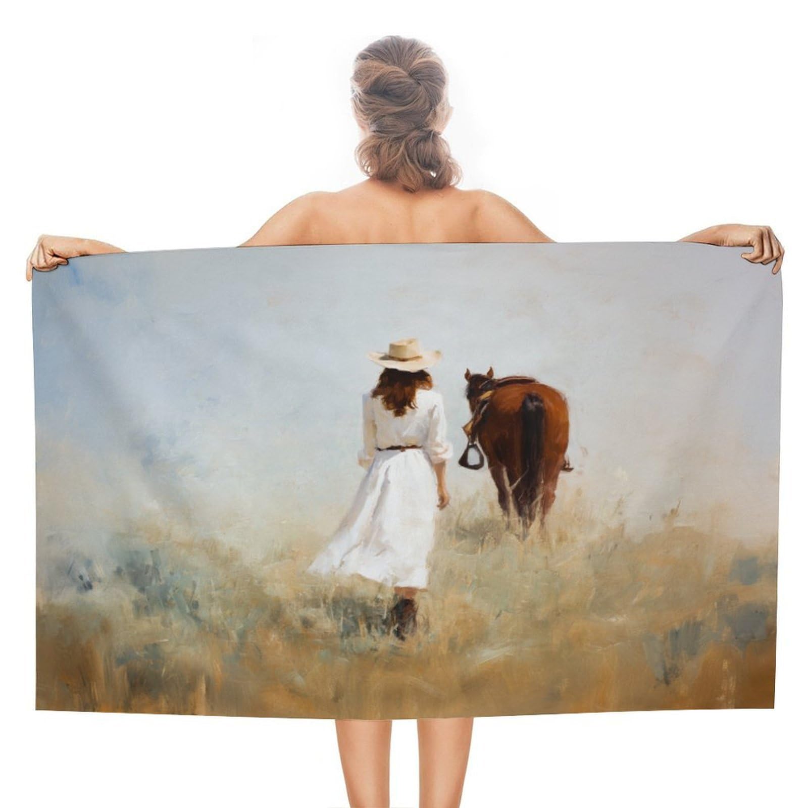 LSRCPD Cowgirl And Horse Beach Towel Sand Free Microfiber Large Shower Towels Multipurpose Absorbent for Bathroom Pool 130x80 CM