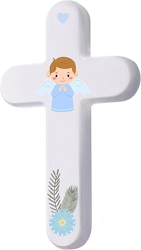 4Soul Cruz de pared para bebé, regalos de bautismo, cruz de madera para primera comunión, regalos de ducha, decoración de pared de guardería (ángel)
