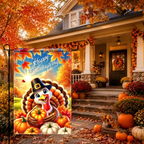 Image of BlissYard Happy Thanksgiving Garden Flag Cute Turkey Pumpkin 12x18 Inch | Double sided polyester, Happy Thanksgiving turkey design, cheerful harvest decor for porch and yard