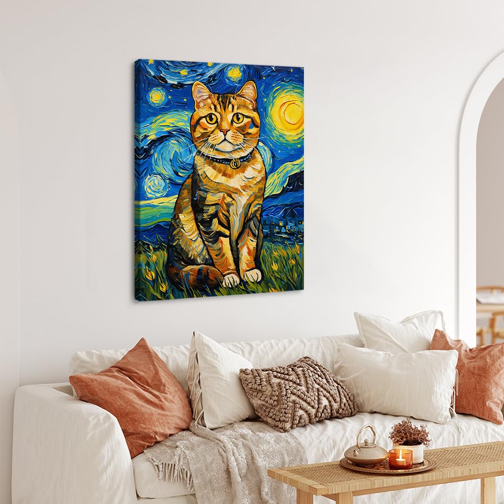 絵画。原画☆キャンバスF6【猫ちゃんはソファーに座って美しい星空を楽しんでいる】 Amazon.co.jp: ゴッホ猫 星月夜 花 有名な油絵 ウォールアート