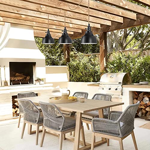 Image of 3 Light Plug in Pendant Light Cord 22FT Farmhouse Hanging Lamp | Industrial with Twisted Hemp Rope Independent Triple Switch Hanging Light Chandelier for Dining Room