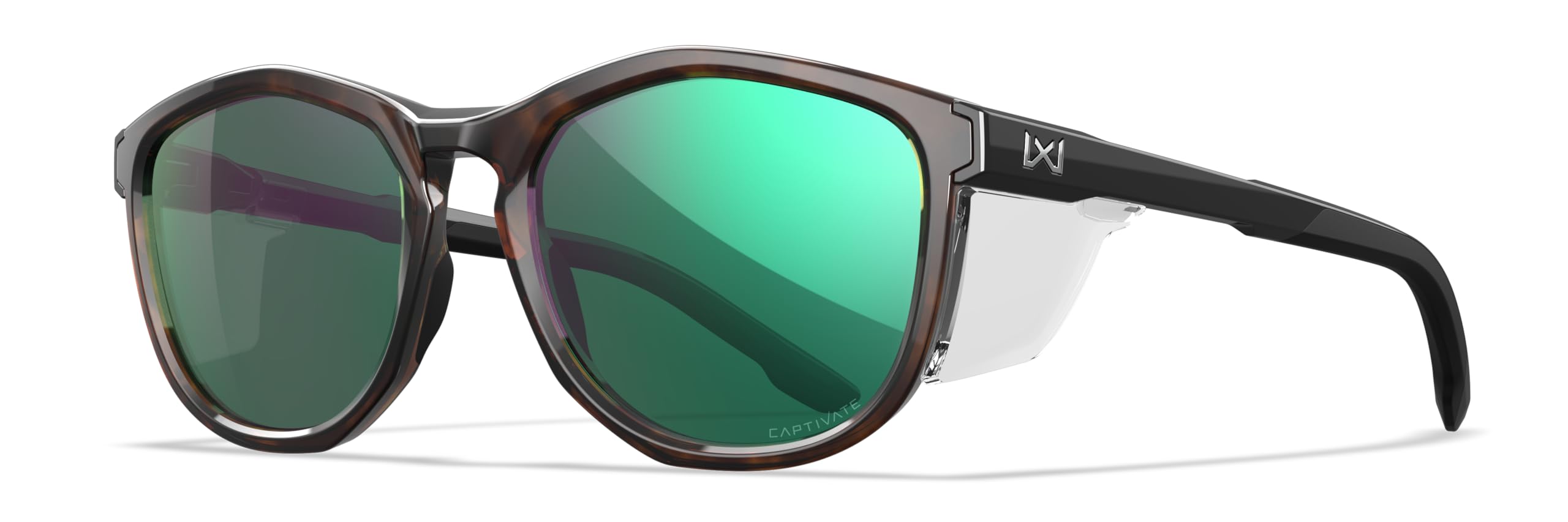 Wiley X WX Bravo - Gafas de sol de seguridad para hombres y mujeres, inastillables, protección UV, lentes de espejo polarizadas, lentes de espejo verde, marcos de tortuga brillante con patillas negras