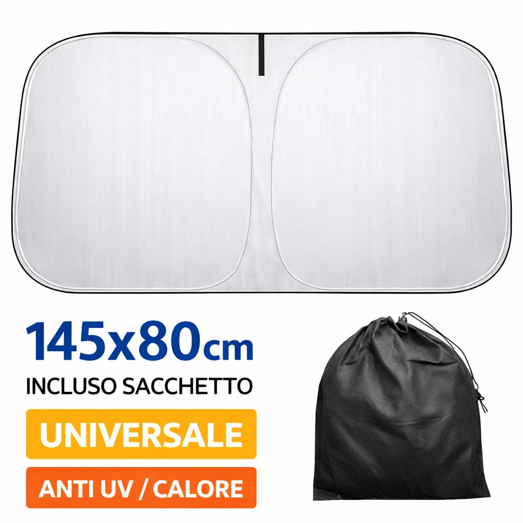 Parasole Auto Parabrezza – Parasole Pieghevole Universale, Protezione UV, Anti Calore, Tendina Parasole Interna per Tutti i Veicoli (145×80 cm)