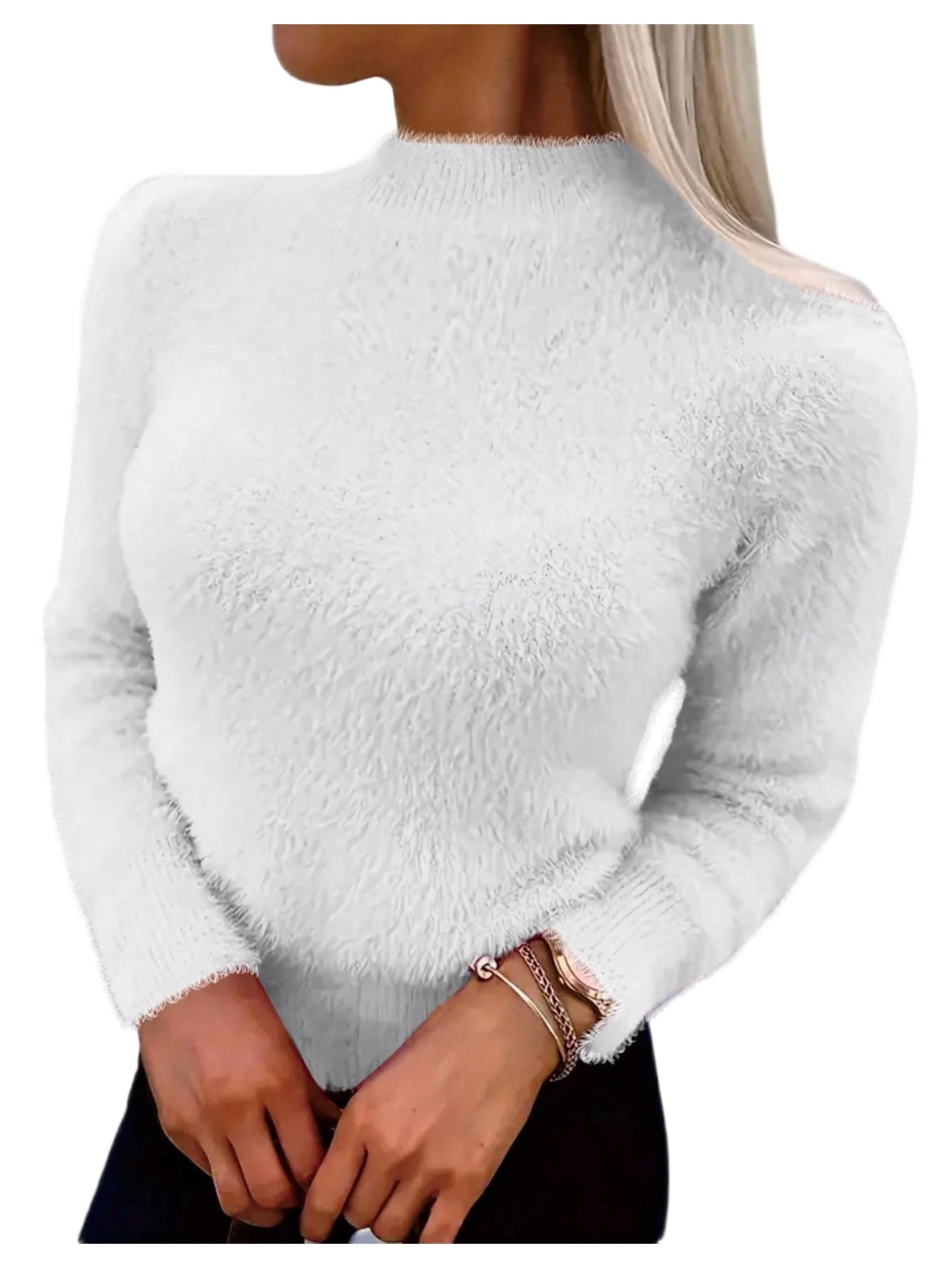Floerns Womens Fuzzy Mohair Fall Sweater Long Sleeve Mock Neck Knit Cozy Pullover Jumper Tops