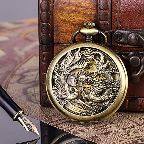 Image of ManChDa Antique Mechanical Pocket Watches for Men Lucky Dragon Phoenix Pocket Watch with Chain Skeleton Dial Roman Numerals Gifts for Fathers Day
