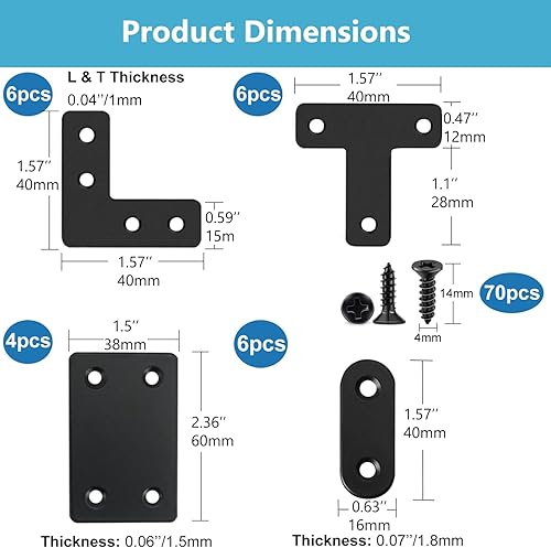 Miniatura 2 de Paquete de 22 soportes rectos de acero inoxidable de acero inoxidable, soportes rectos de esquina recta, placas rectas de metal con tornillos