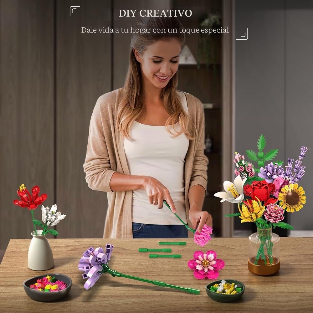 HOGOKIDS Juego de construcción de Ramo de Flores, Colección botánica de 18 Flores Artificiales, 1464 Piezas Decoración del hogar Ramo Plantas, Regalo Creativo para Adultos Niños Niñas 8+ años