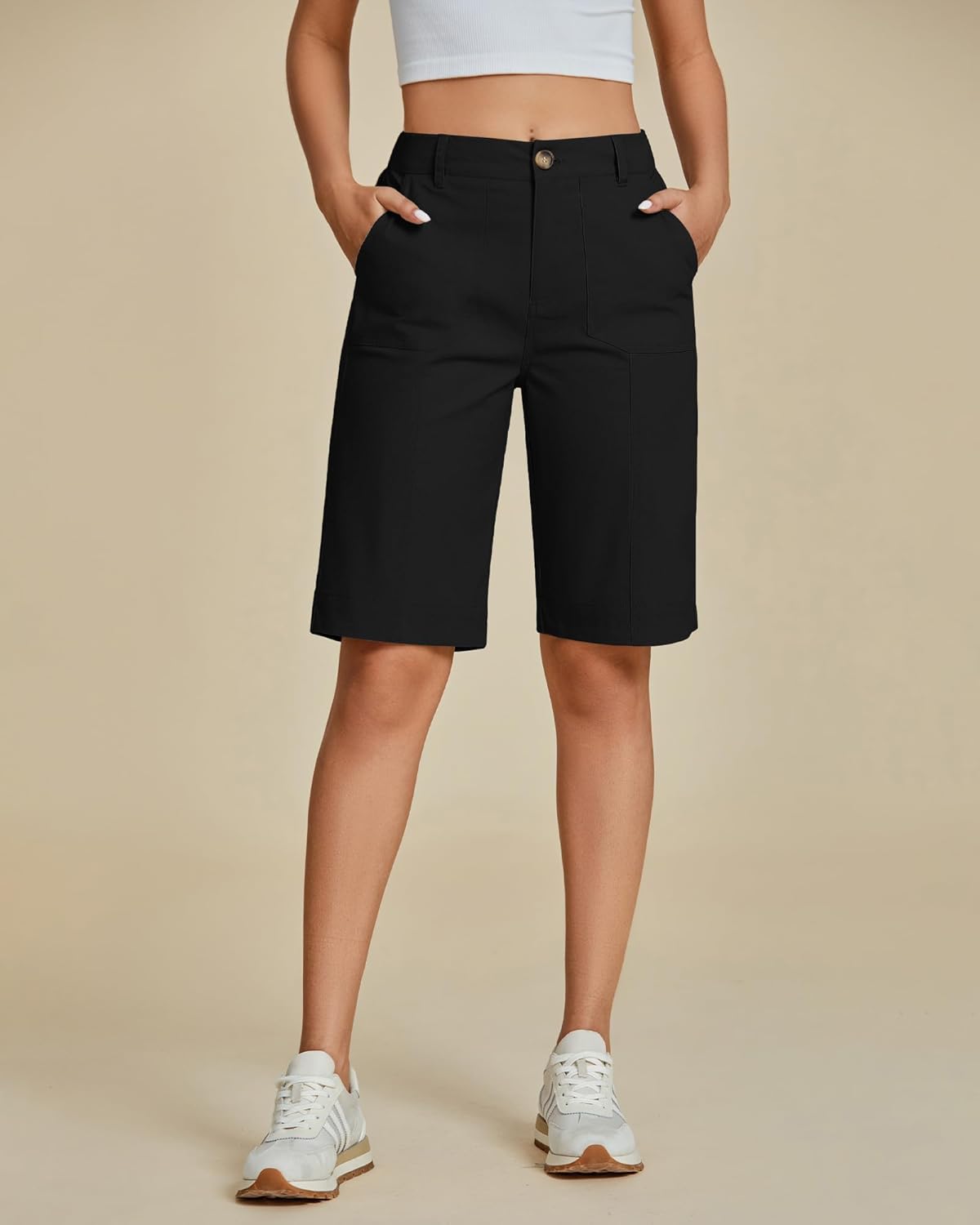 luvamia Bermuda Shorts for Women Knee Length High Waisted Cotton Elastic Waist Summer Dressy Casual Long Chino Shorts - Image 2