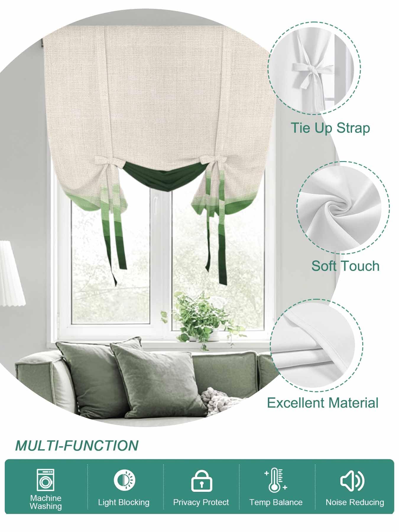 Tie Up Curtains for Windows Green Beige Ombre Roman Shade 52 x 45 Inch Bathroom Curtains Window Minimalist Ocean Waves Linen Rod Pocket Short Balloon Curtains for Living Room Kitchen Small Blinds