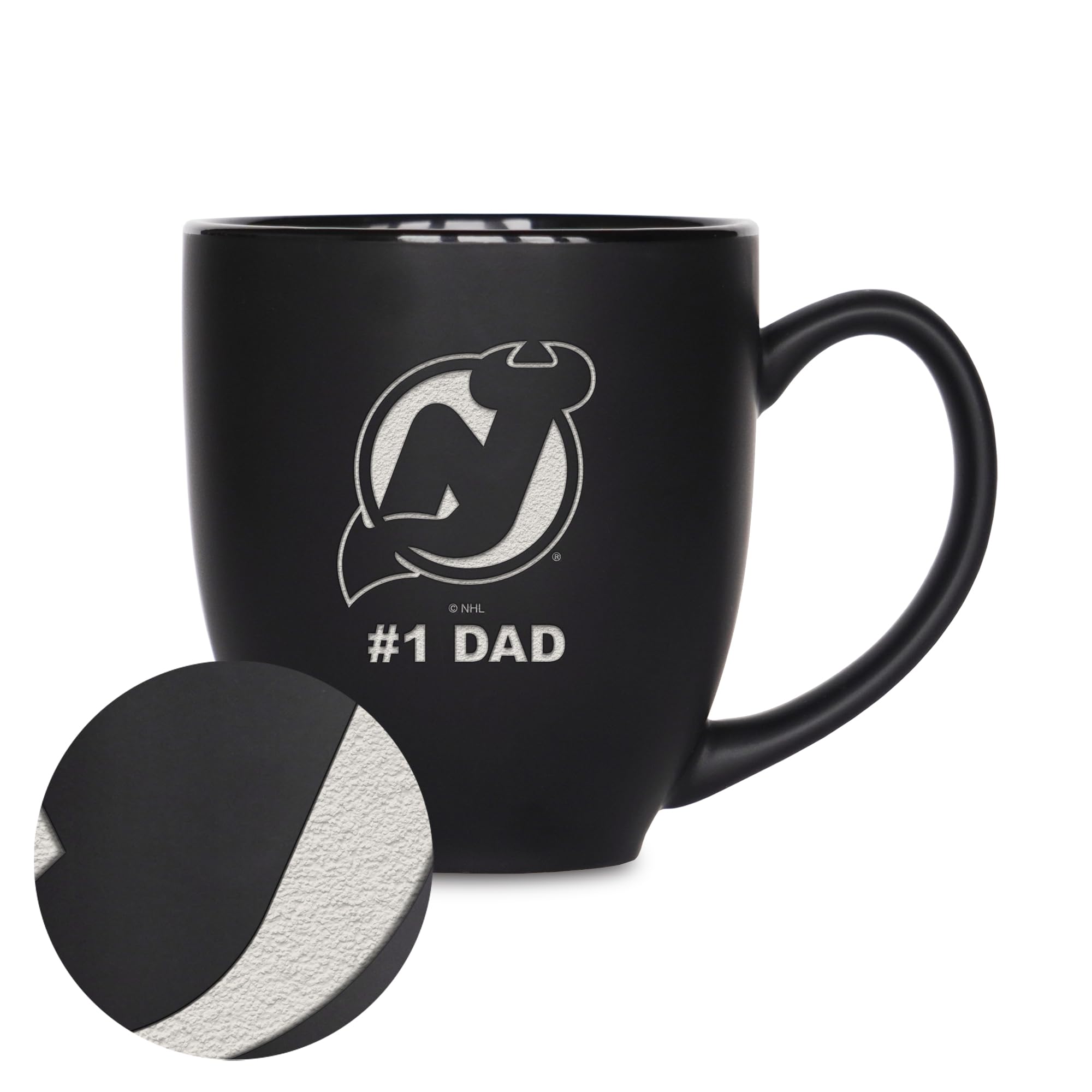 Rico Industries NHL Hockey New Jersey Devils #1 Dad 15oz Laser Engraved Matte Black Ceramic Bistro Mug - for Hot or Cold Drinks