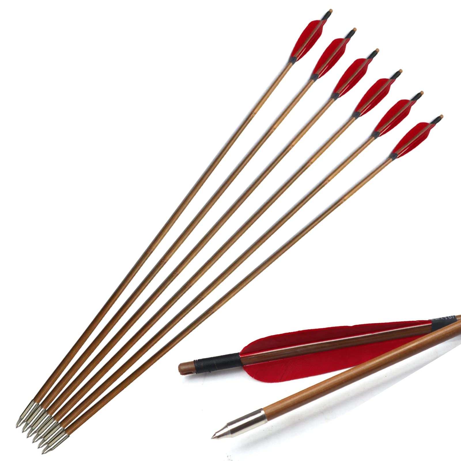 12 Flèches De Chasse Traditionnelles En Bambou – 32", 500 Spine, Plumes Naturelles