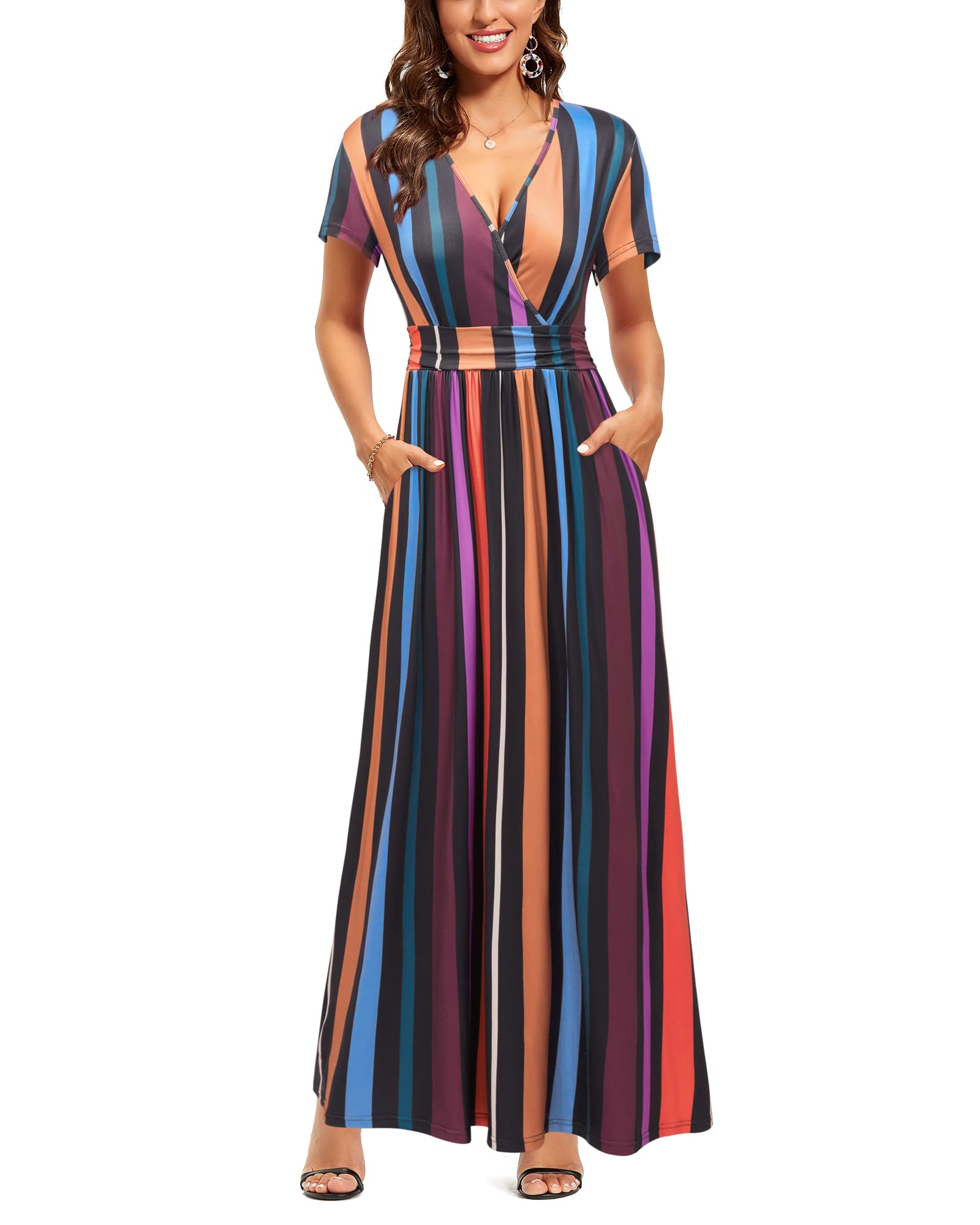 OUGES Women's Summer Dress, Short Sleeve/Long Sleeve V-Neck, Casual Maxi Dress with Pockets