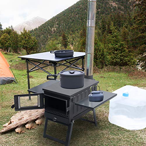 Fltom Camp Tent Stove, Portable Wood Stove for Tent with Large Firebox, Include Heat Resistant Glass, Stainless Steel Grill and Chimney Pipes