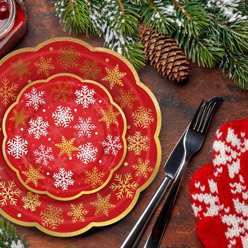 LeZakaa 25Pcs Christmas Paper Plates, Red Snowflake Gold Foil Stamped Finish Scalloped Edge Disposable Party Plates Decorative Tableware Supplies for Holiday Dinner Dessert, 9 Inch – Image 5