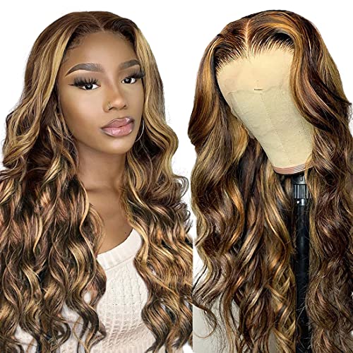 Highlight Lace Front Wigs Human Hair Colored Body Wave Lace Front Wigs Ombre 4/27 Honey Blonde Highlight Brazilian T Part HD Transparent 13x6x1 Lace Front Wigs Human Hair Wigs for Black Women 26 Inch