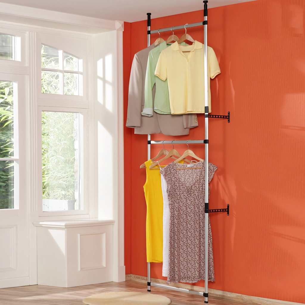 Teleskopowa garderoba z półkami, aluminiowy stojak na ubrania do sypialni, system przechowywania z regulacją wysokości, nowoczesny design, srebrny/czarny, 70 x 40 x 250-300 cm